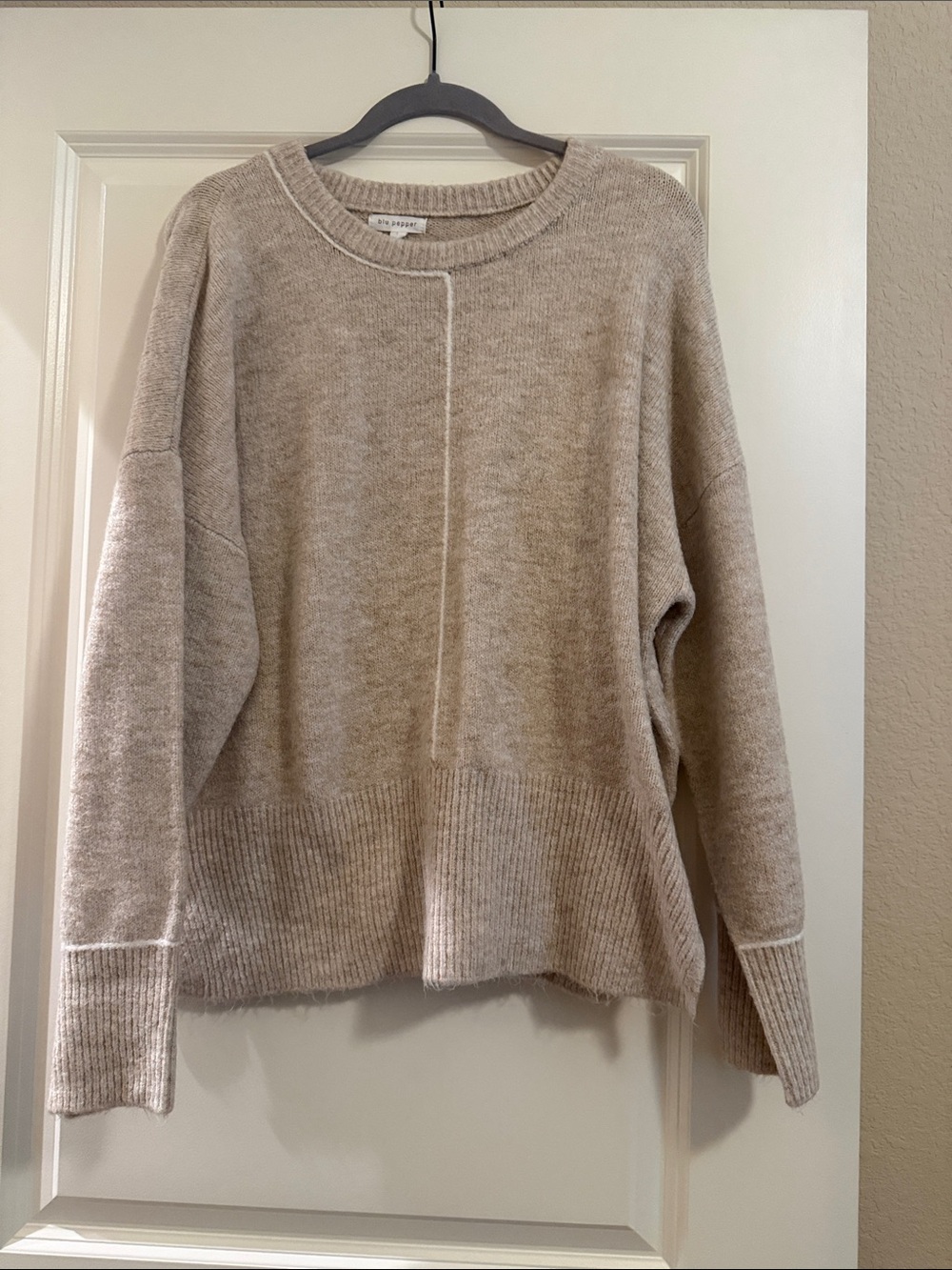 Blu Pepper Beige Crewneck Sweater with Contrast Stitch